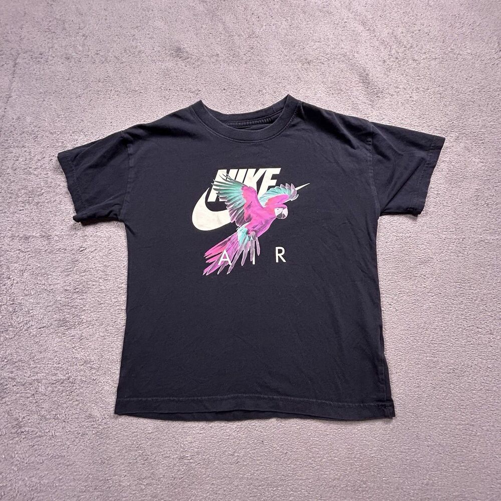 Nike Air T-Shirt Girls Size Small Black Parrot Graphic Loose Fit Short Sleeve